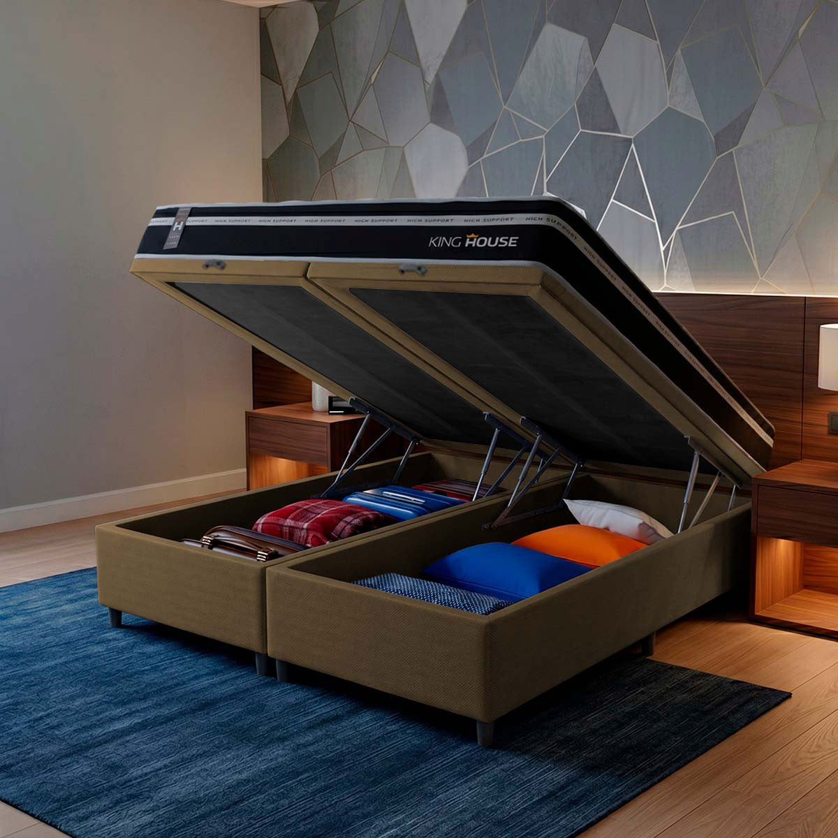 Cama Box Baú Durham c/ Molas Ensacadas 193x203 Preto e Marrom Espuma D26 Suporta 110 kg