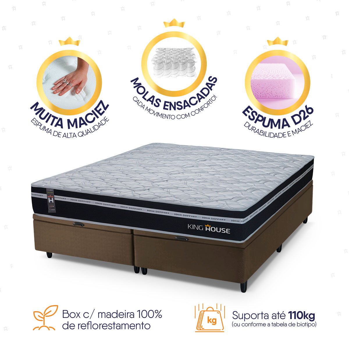 Cama Box Baú Durham c/ Molas Ensacadas 193x203 Preto e Marrom Espuma D26 Suporta 110 kg