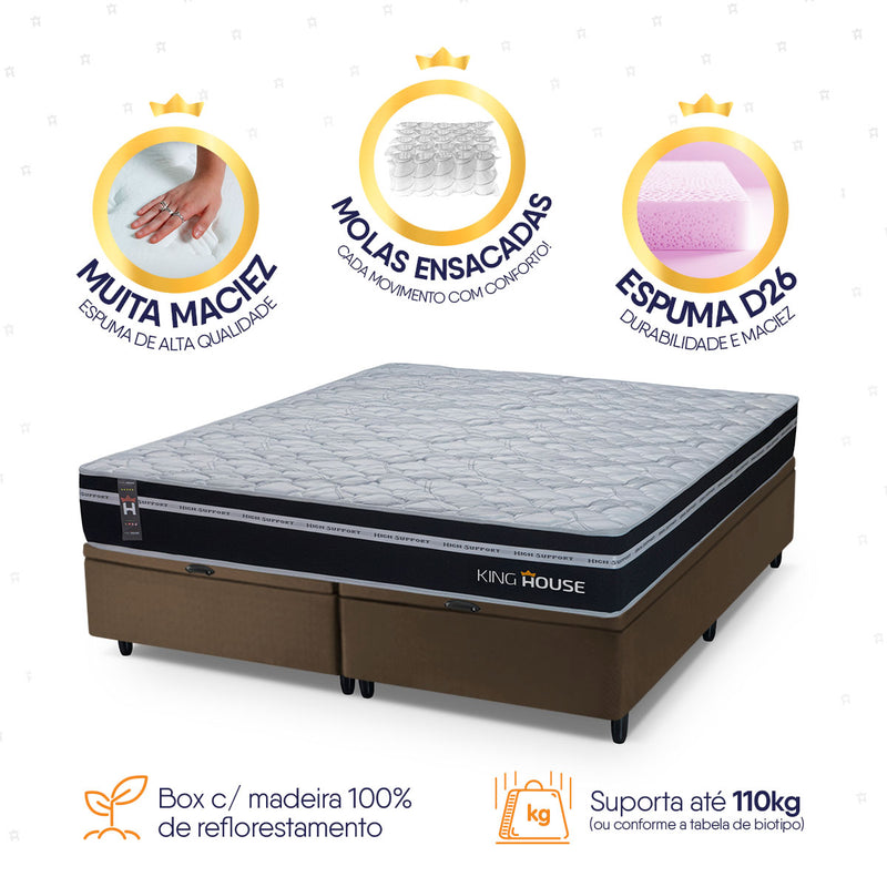 Cama Box Baú Durham c/ Molas Ensacadas 193x203 Preto e Marrom Espuma D26 Suporta 110 kg