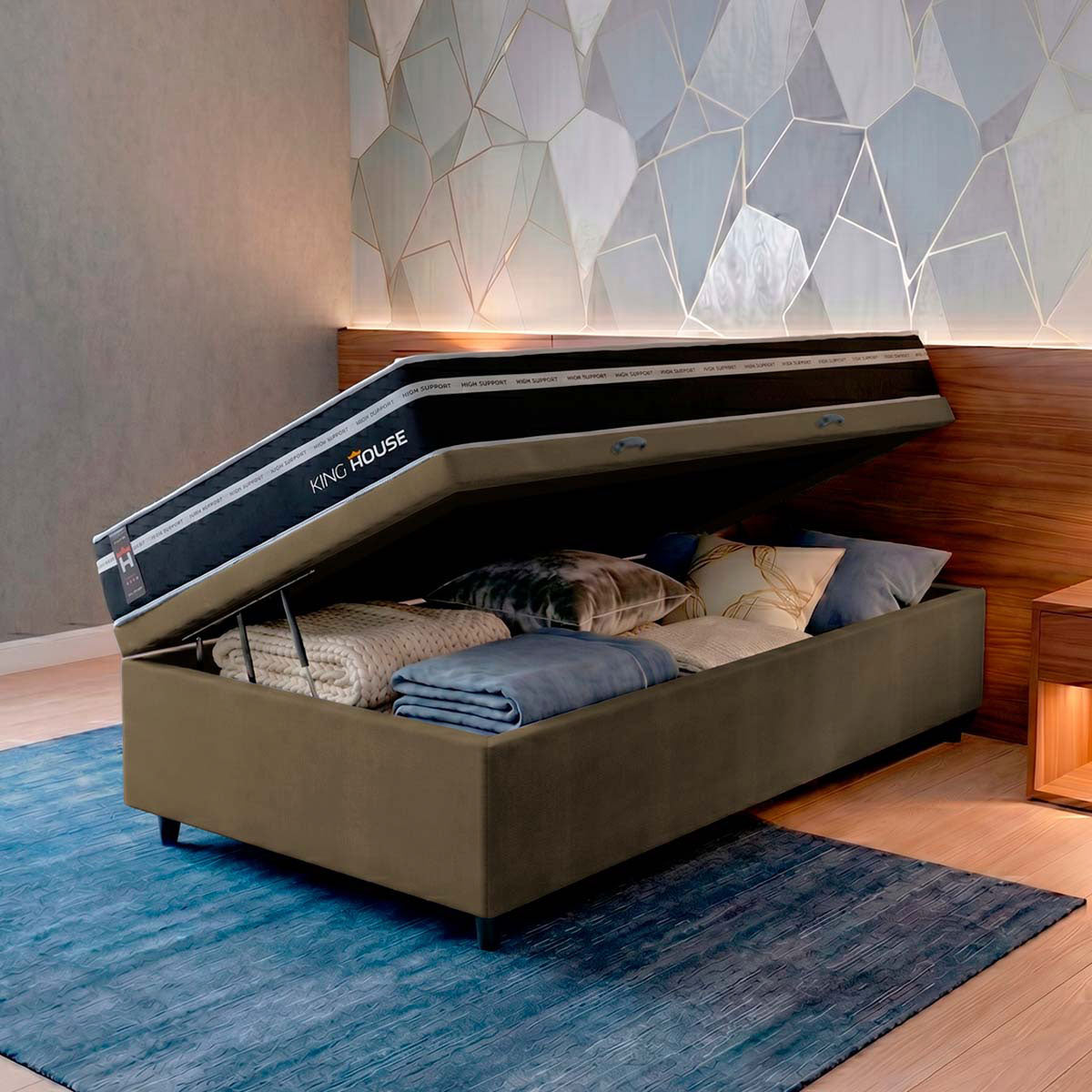 Cama Box Baú Durham 88x188 Preto e Marrom c/ Molas Ensacadas Espuma D26 Suporta 110 kg