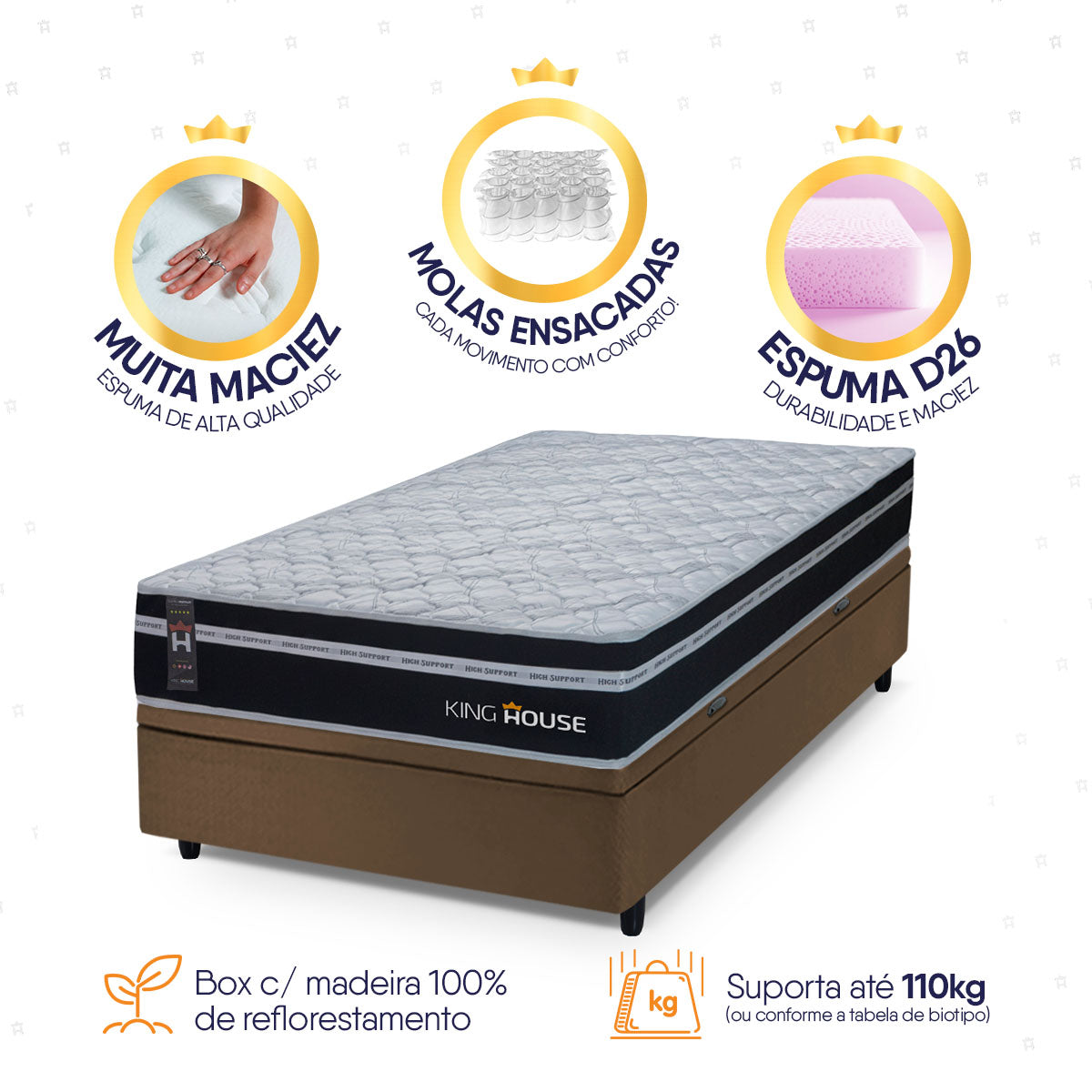 Cama Box Baú Durham 88x188 Preto e Marrom c/ Molas Ensacadas Espuma D26 Suporta 110 kg