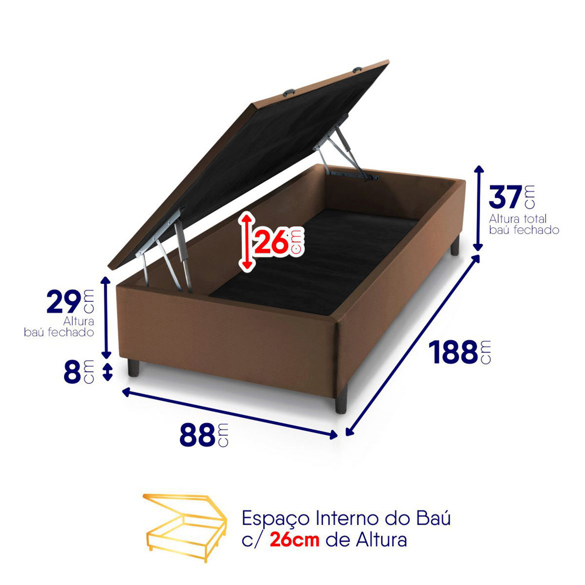 Cama Box Baú Durham 88x188 Preto e Marrom c/ Molas Ensacadas Espuma D26 Suporta 110 kg