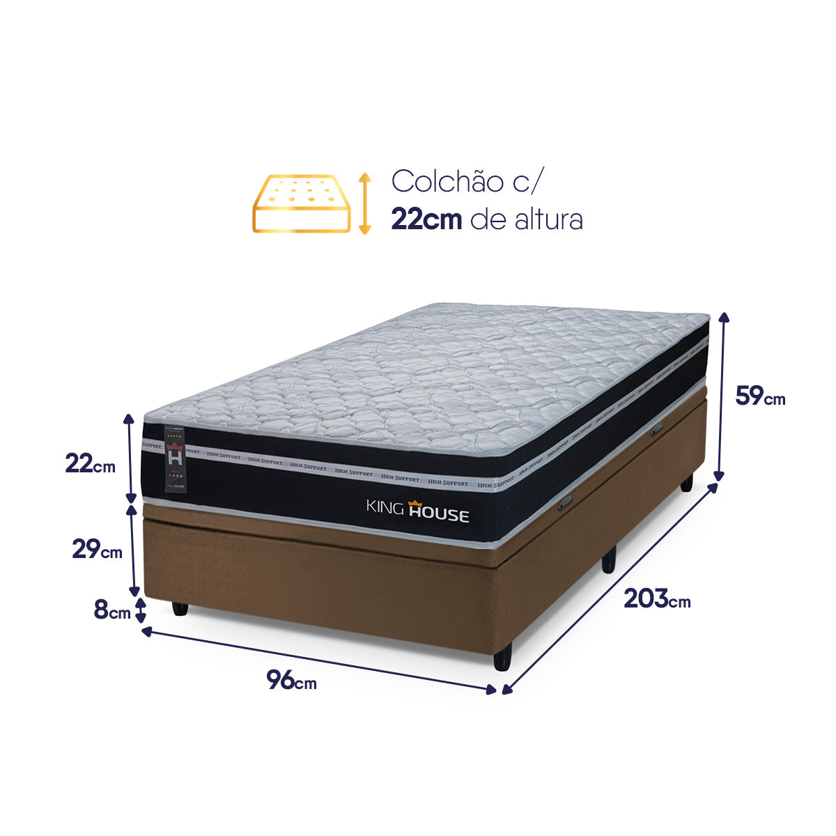 Cama Box Baú Durham 96x203 Preto e Marrom c/ Molas Ensacadas Espuma D26 Suporta 110 kg