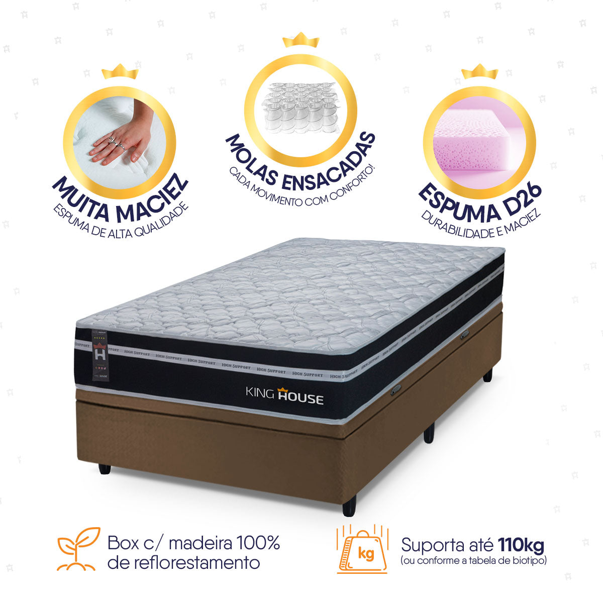 Cama Box Baú Durham 96x203 Preto e Marrom c/ Molas Ensacadas Espuma D26 Suporta 110 kg