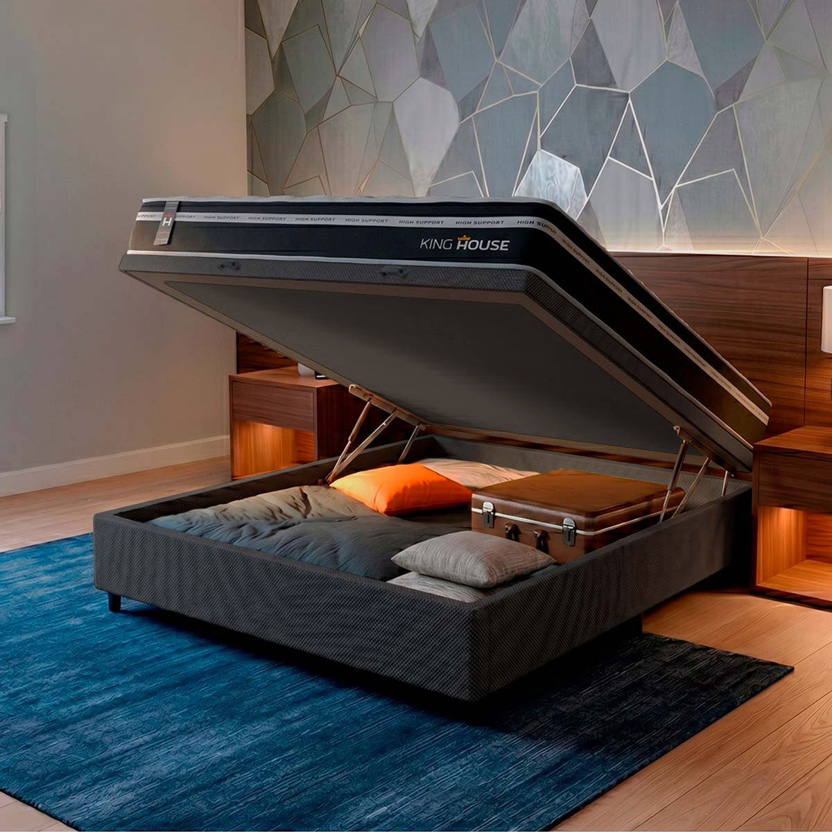 Cama Box Baú Durham 138x188 Preto c/ Molas Ensacadas Espuma D26 Suporta 110 kg