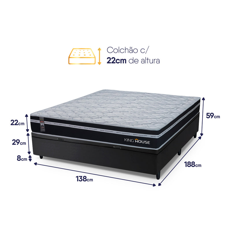 Cama Box Baú Durham 138x188 Preto c/ Molas Ensacadas Espuma D26 Suporta 110 kg
