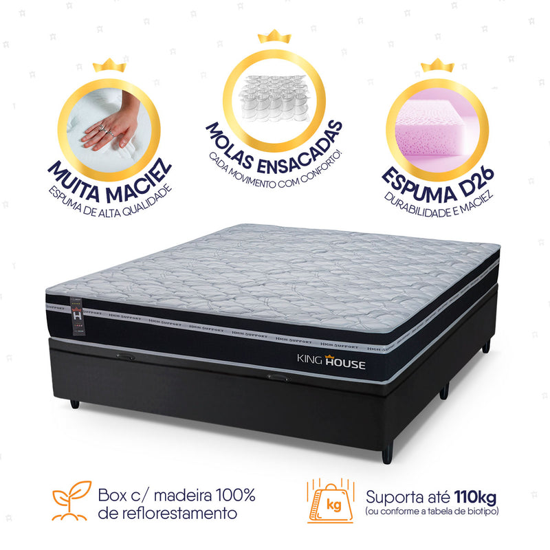 Cama Box Baú Durham 138x188 Preto c/ Molas Ensacadas Espuma D26 Suporta 110 kg