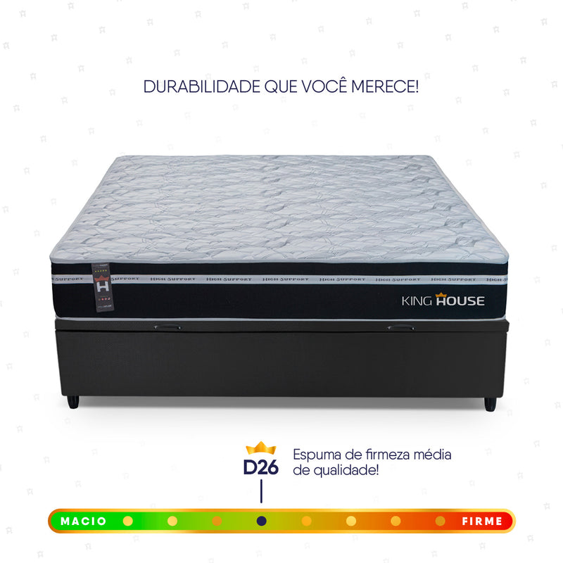 Cama Box Baú Durham 138x188 Preto c/ Molas Ensacadas Espuma D26 Suporta 110 kg