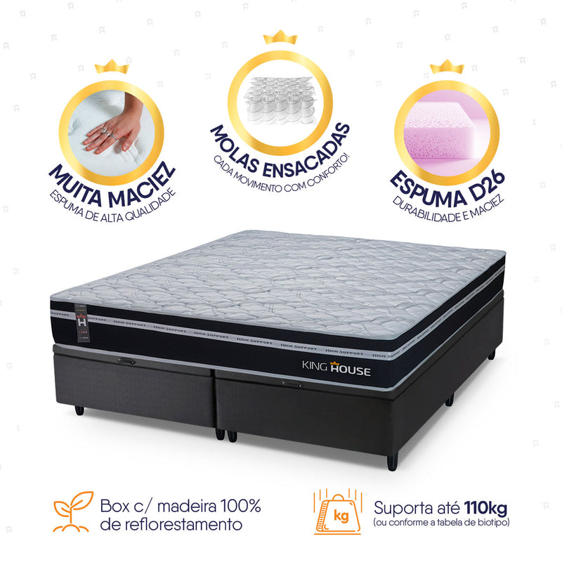 Cama Box Baú Durham c/ Molas Ensacadas 158x198 Preto Espuma D26 Suporta 110 kg