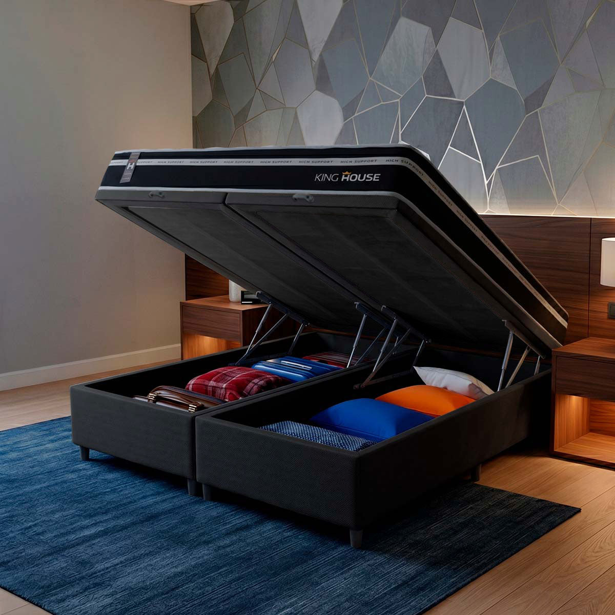Cama Box Baú Durham c/ Molas Ensacadas 193x203 Preto Espuma D26 Suporta 110 kg