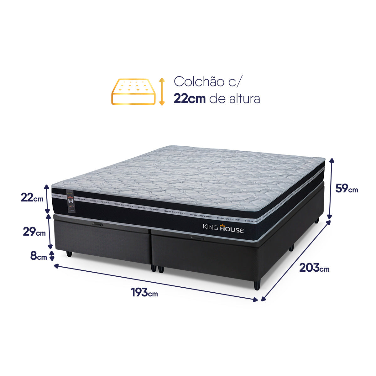 Cama Box Baú Durham c/ Molas Ensacadas 193x203 Preto Espuma D26 Suporta 110 kg