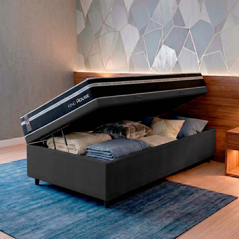 Cama Box Baú Durham 88x188 Preto c/ Molas Ensacadas Espuma D26 Suporta 110 kg