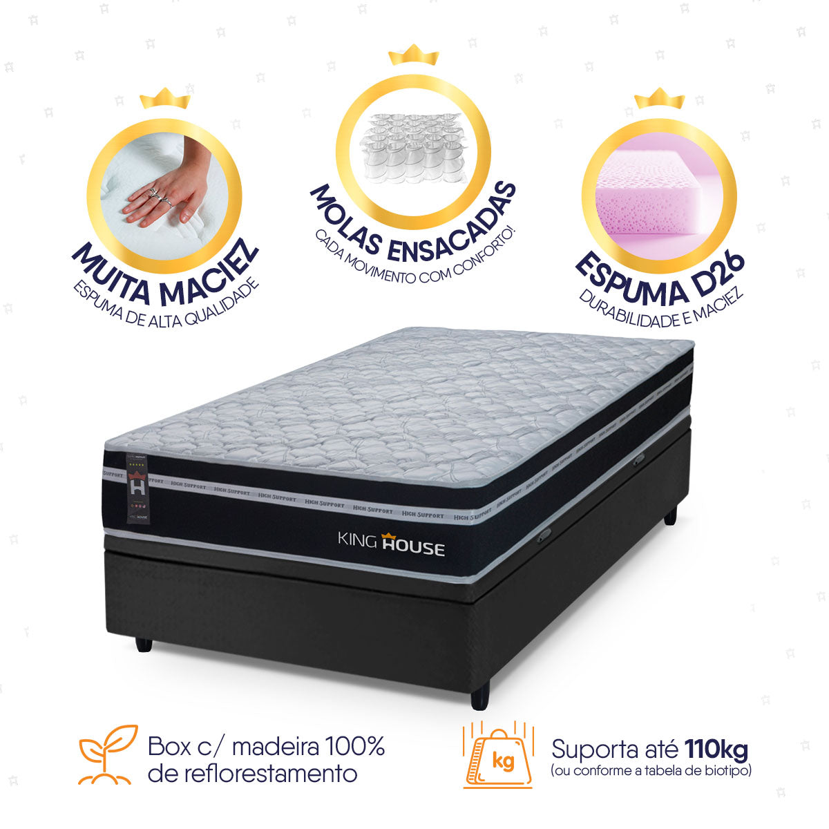 Cama Box Baú Durham 88x188 Preto c/ Molas Ensacadas Espuma D26 Suporta 110 kg