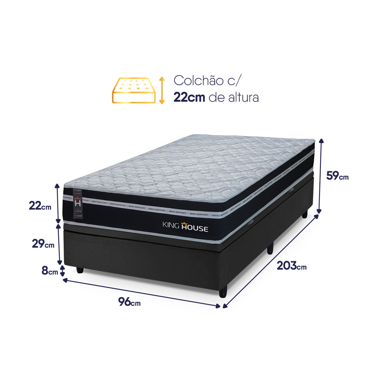 Cama Box Baú Durham 96x203 Preto c/ Molas Ensacadas Espuma D26 Suporta 110 kg