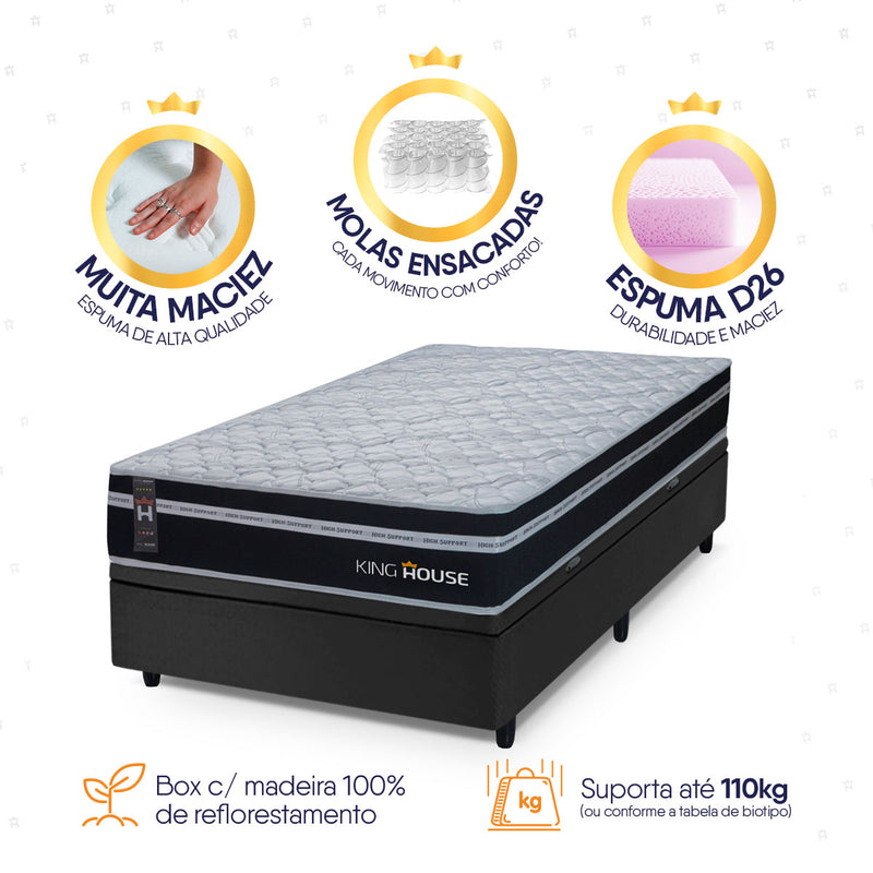 Cama Box Baú Durham 96x203 Preto c/ Molas Ensacadas Espuma D26 Suporta 110 kg