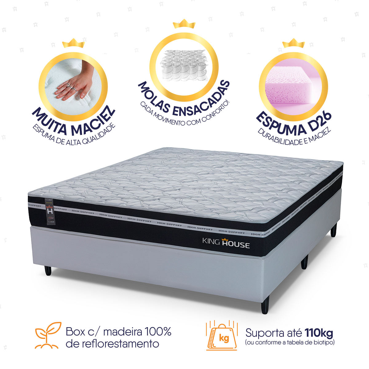 Cama Box Molas Ensacadas Durham Casal 138x188 Branco Espuma D26 Suporta 120 Kg Por Pessoa