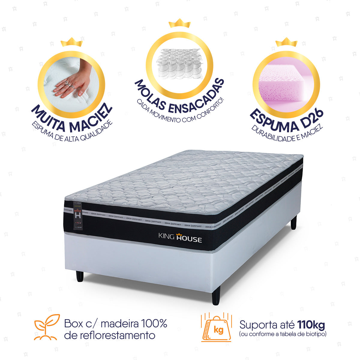 Cama Box Molas Ensacadas Durham Solteiro 88x188 Branco Espuma D26 Suporta 120 Kg Por Pessoa