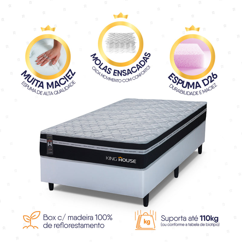 Cama Box Molas Ensacadas Durham Solteirão 96x203 Branco Espuma D26 Suporta 120 Kg Por Pessoa