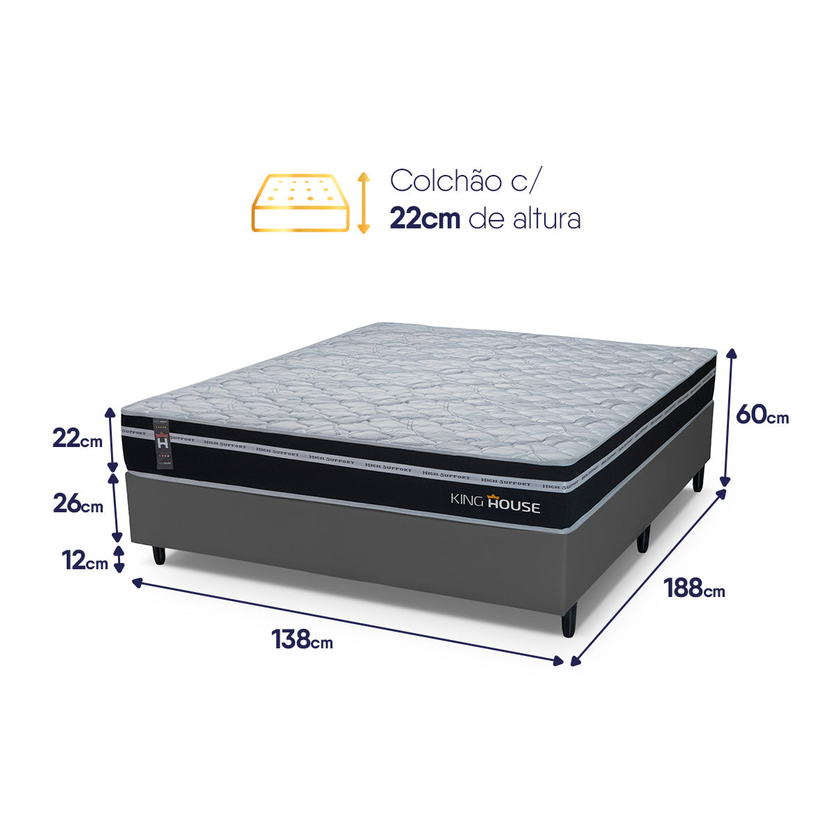 Cama Box Molas Ensacadas Durham Casal 138x188 Cinza Espuma D26 Suporta 120 Kg Por Pessoa