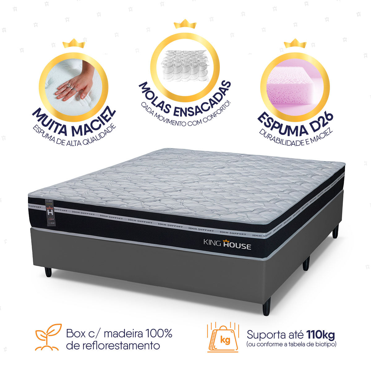 Cama Box Molas Ensacadas Durham Casal 138x188 Cinza Espuma D26 Suporta 120 Kg Por Pessoa