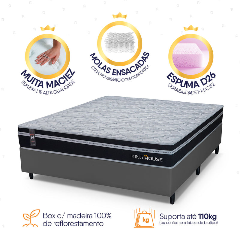 Cama Box Molas Ensacadas Durham Casal 138x188 Cinza Espuma D26 Suporta 120 Kg Por Pessoa