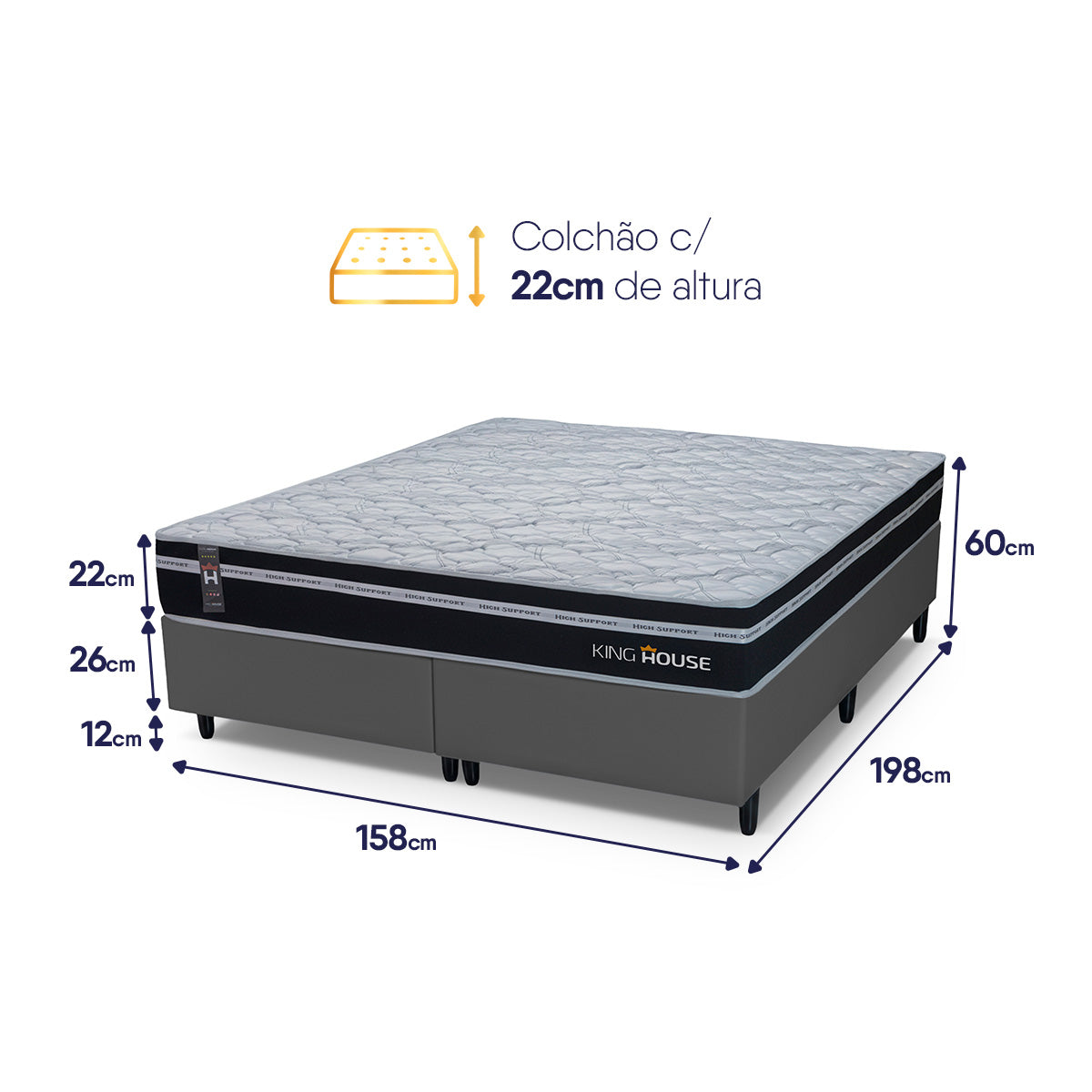 Cama Box Durham Molas Ensacadas Queen 158x198 Cinza Espuma D26 Suporta 120 Kg Por Pessoa
