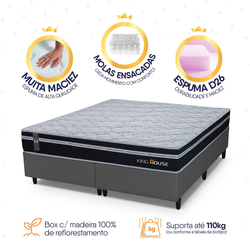 Cama Box Durham Molas Ensacadas Queen 158x198 Cinza Espuma D26 Suporta 120 Kg Por Pessoa