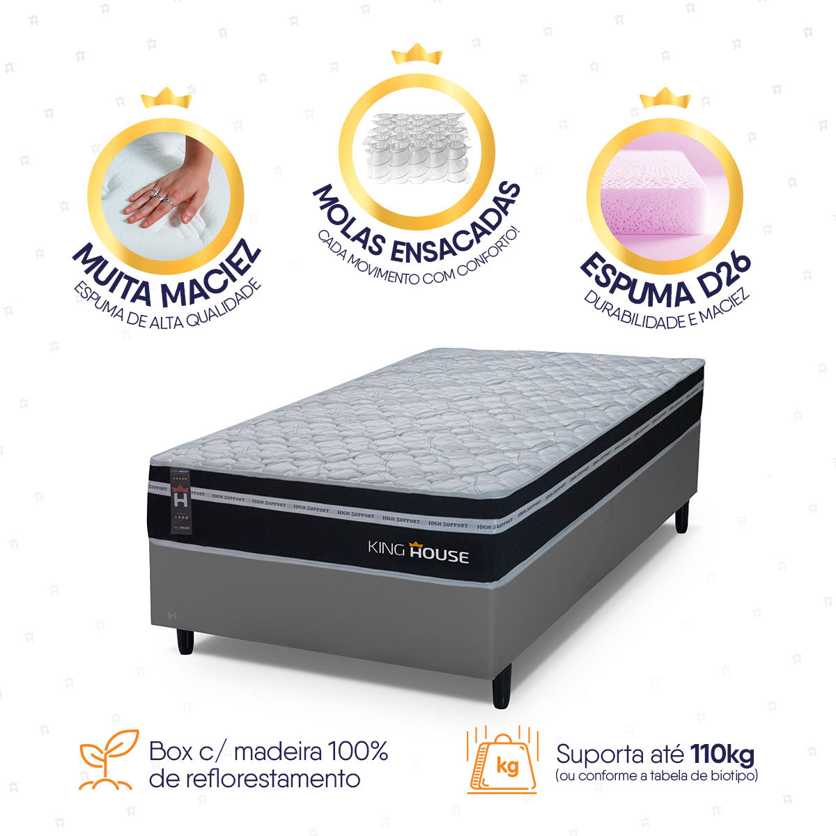 Cama Box Molas Ensacadas Durham Solteiro 88x188 Cinza Espuma D26 Suporta 120 Kg Por Pessoa