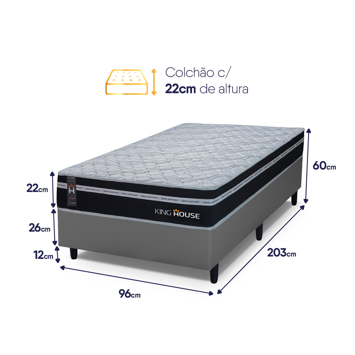 Cama Box Molas Ensacadas Durham Solteirão 96x203 Cinza Espuma D26 Suporta 120 Kg Por Pessoa