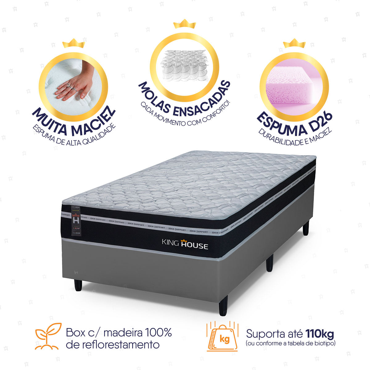 Cama Box Molas Ensacadas Durham Solteirão 96x203 Cinza Espuma D26 Suporta 120 Kg Por Pessoa