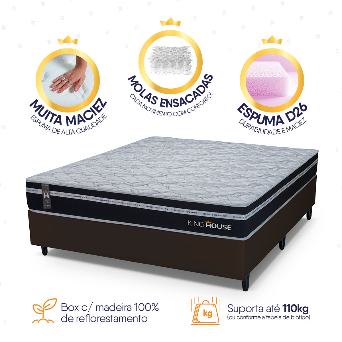 Cama Box Molas Ensacadas Durham Casal 138x188 Marrom Espuma D26 Suporta 120 Kg Por Pessoa