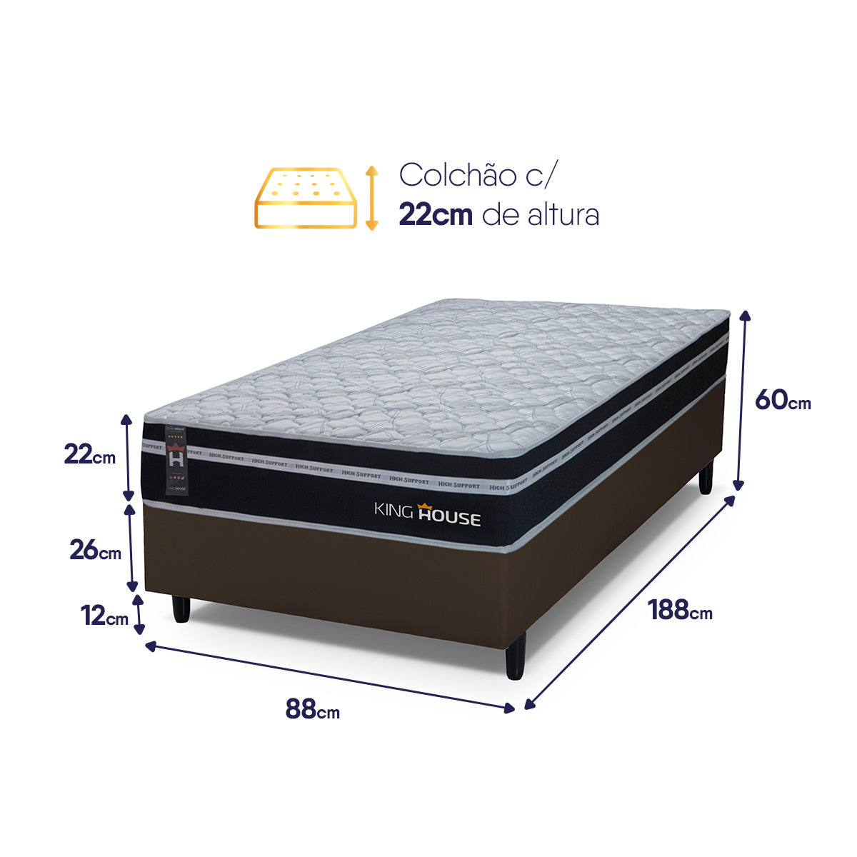 Cama Box Molas Ensacadas Durham Solteiro 88x188 Marrom Espuma D26 Suporta 120 Kg Por Pessoa