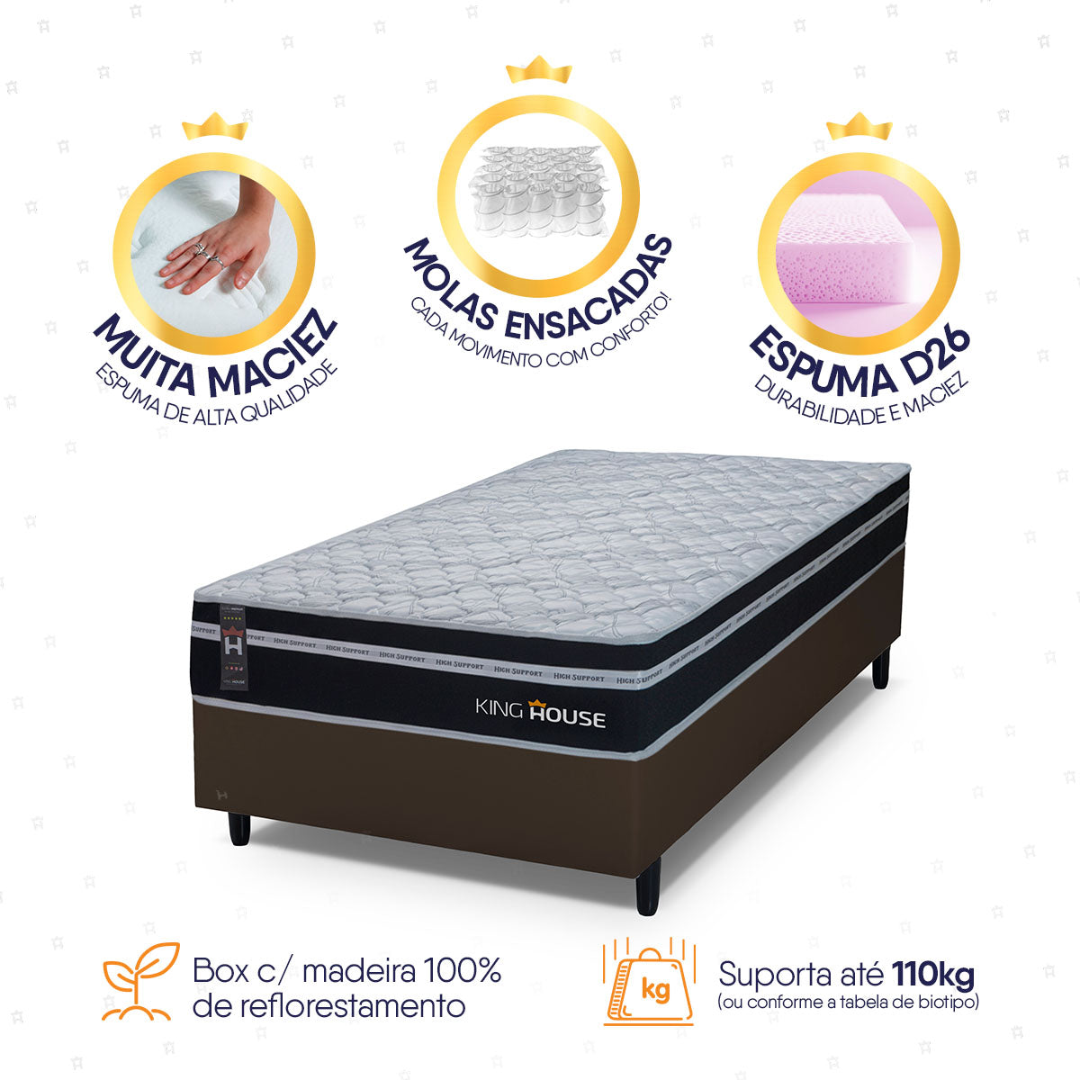 Cama Box Molas Ensacadas Durham Solteiro 88x188 Marrom Espuma D26 Suporta 120 Kg Por Pessoa