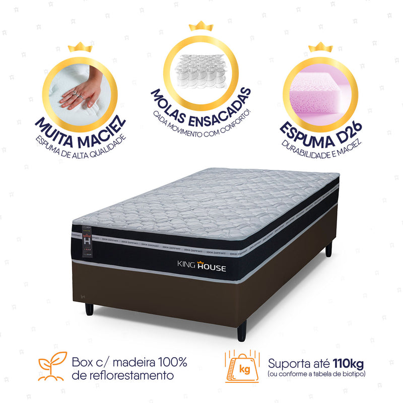 Cama Box Molas Ensacadas Durham Solteiro 88x188 Marrom Espuma D26 Suporta 120 Kg Por Pessoa