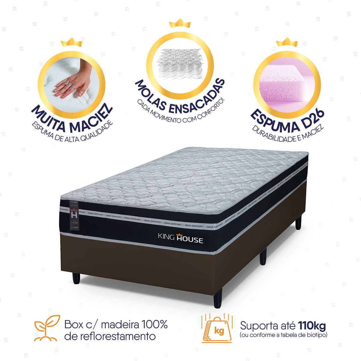 Cama Box Molas Ensacadas Durham Solteirão 96x203 Marrom Espuma D26 Suporta 120 Kg Por Pessoa