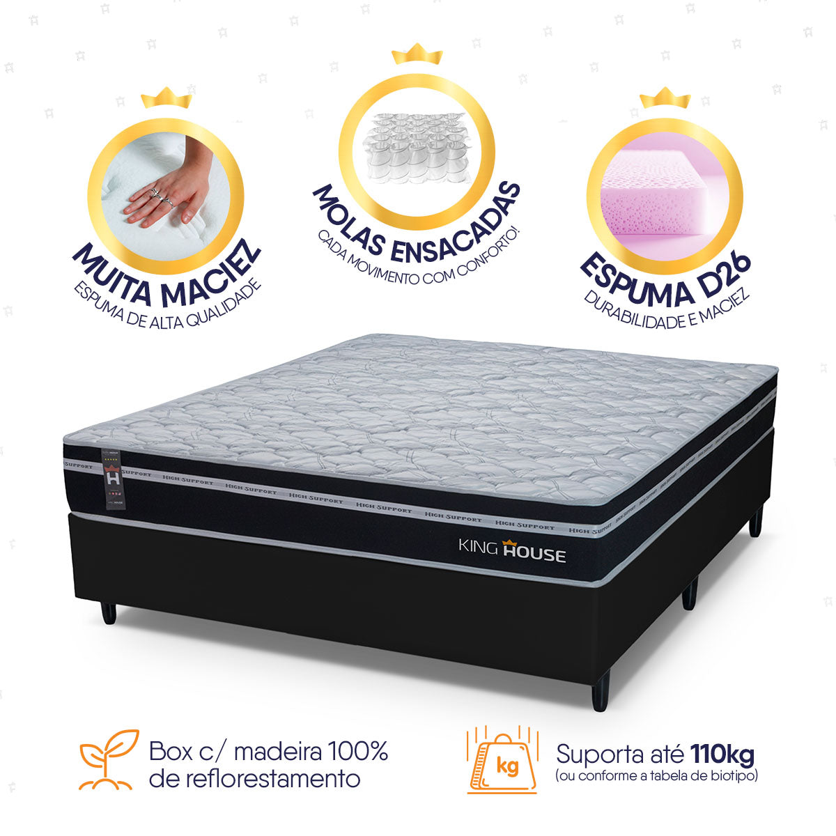 Cama Box Molas Ensacadas Durham Casal 138x188 Preto Espuma D26 Suporta 120 Kg Por Pessoa