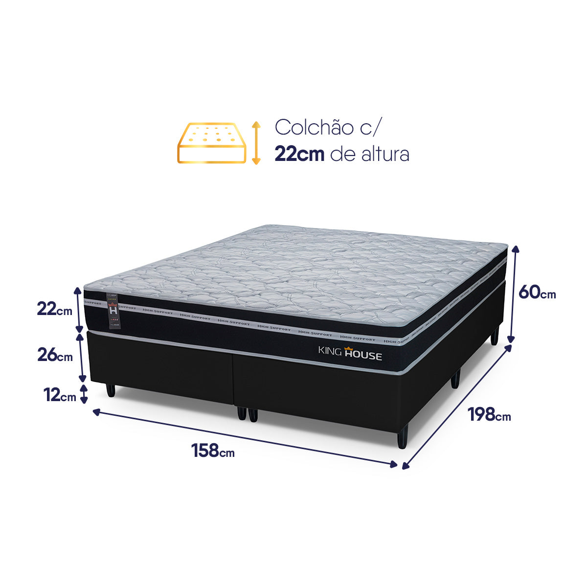 Cama Box Durham Molas Ensacadas Queen 158x198 Preto Espuma D26 Suporta 120 Kg Por Pessoa