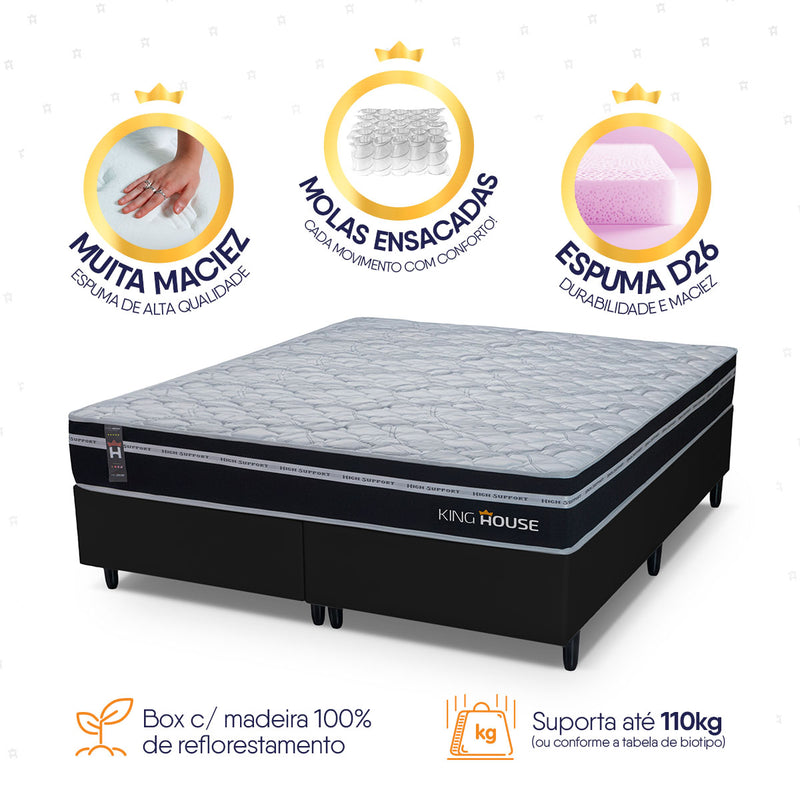Cama Box Durham Molas Ensacadas Queen 158x198 Preto Espuma D26 Suporta 120 Kg Por Pessoa