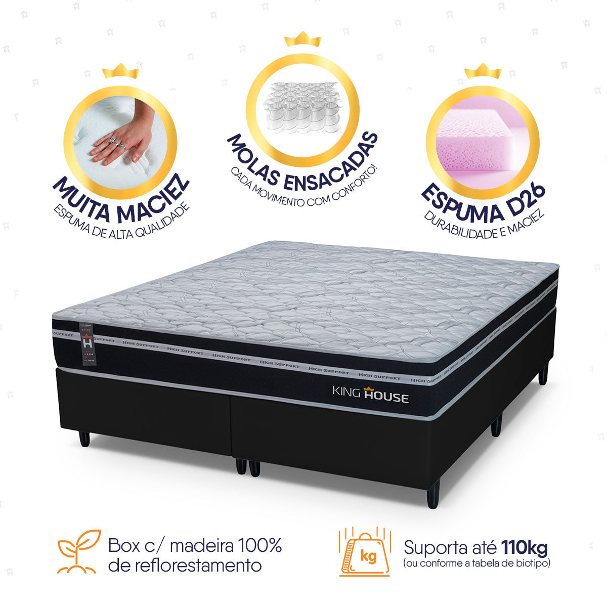 Cama Box Durham Molas Ensacadas King 193x203 Preto Espuma D26 Suporta 120 Kg Por Pessoa