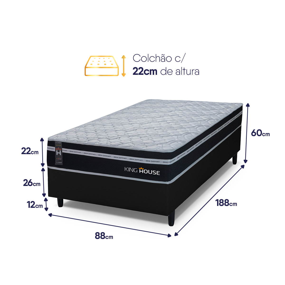Cama Box Molas Ensacadas Durham Solteiro 88x188 Preto Espuma D26 Suporta 120 Kg Por Pessoa