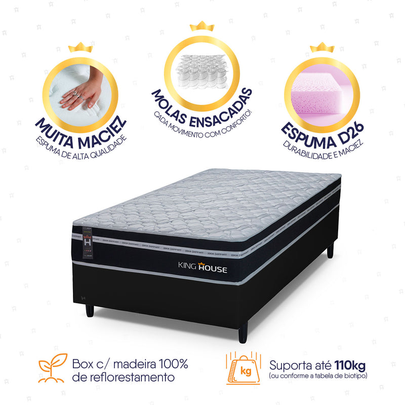 Cama Box Molas Ensacadas Durham Solteiro 88x188 Preto Espuma D26 Suporta 120 Kg Por Pessoa