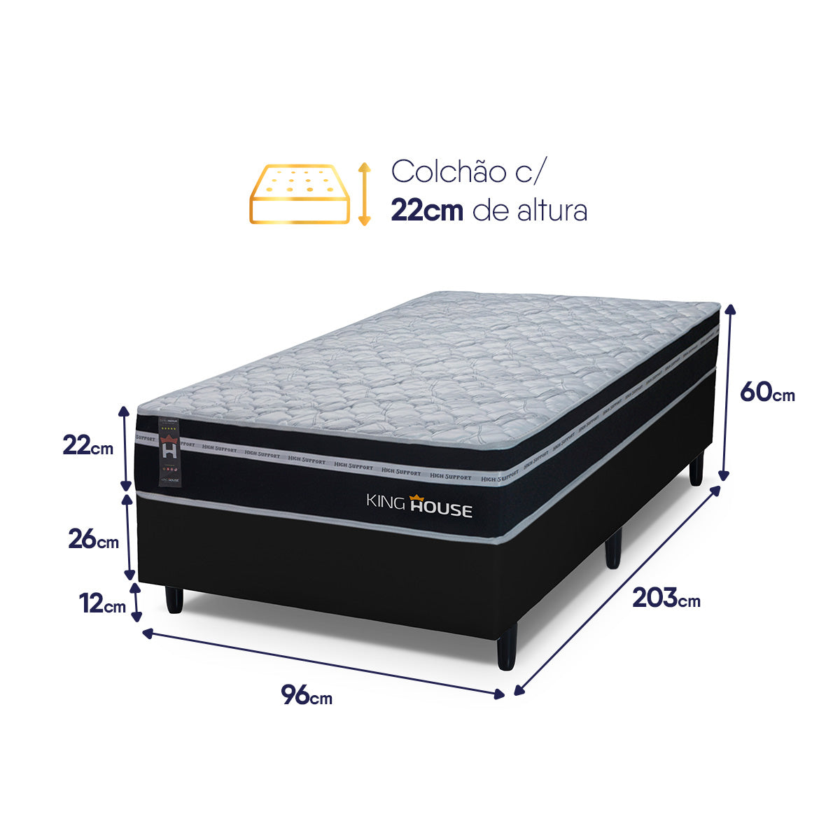 Cama Box Molas Ensacadas Durham Solteirão 96x203 Preto Espuma D26 Suporta 120 Kg Por Pessoa