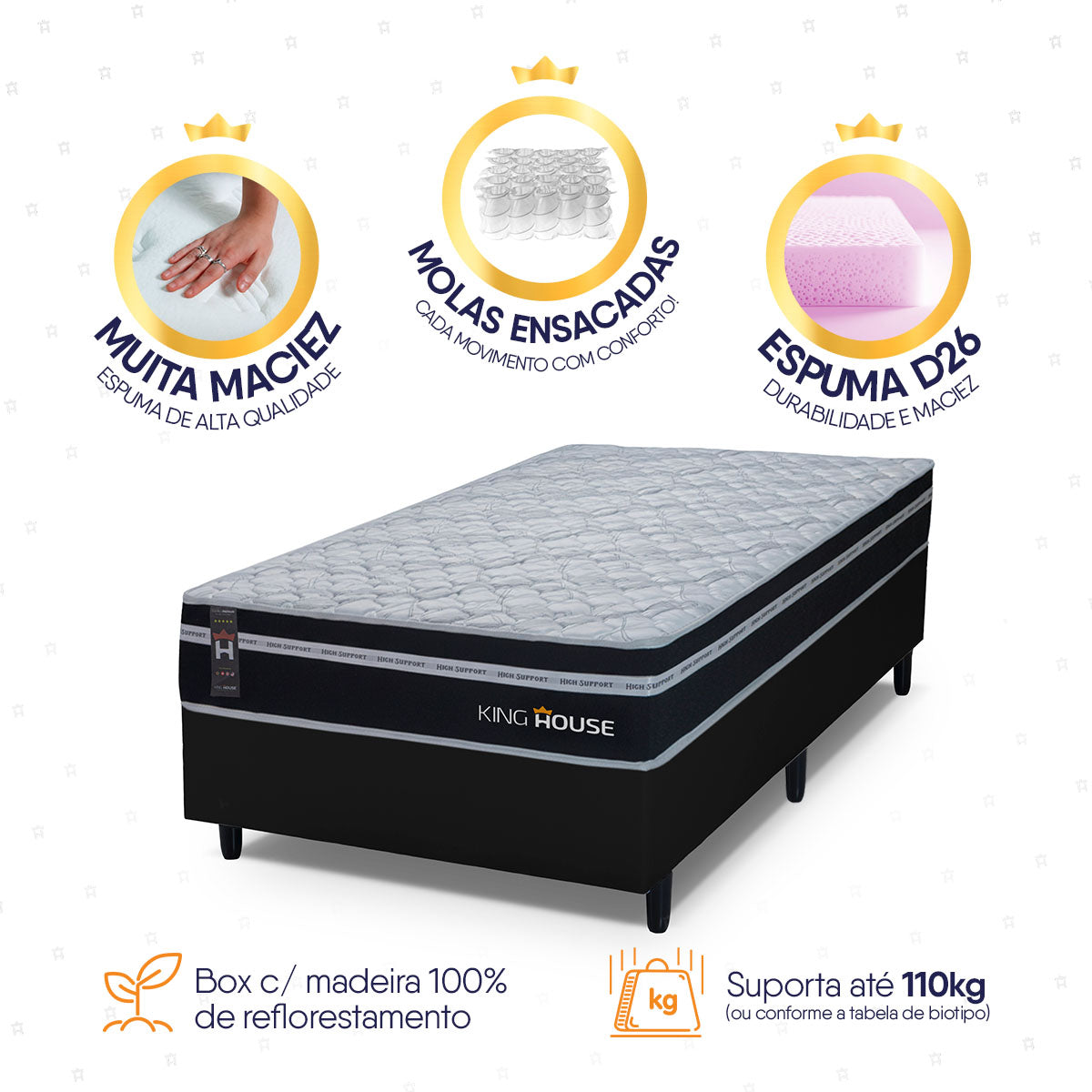 Cama Box Molas Ensacadas Durham Solteirão 96x203 Preto Espuma D26 Suporta 120 Kg Por Pessoa