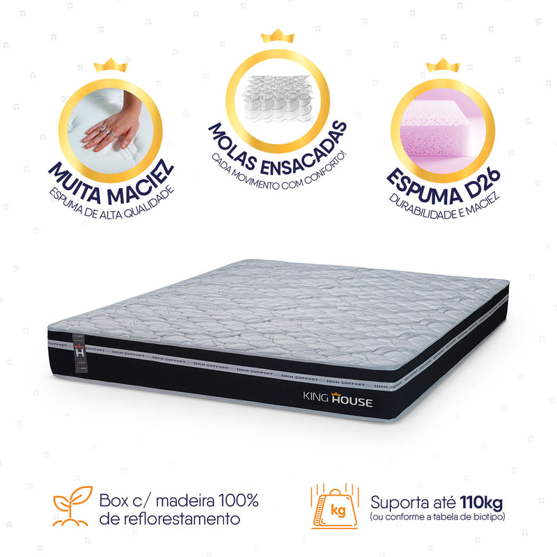 Colchão Casal Durham 138x188x22 Preto c/ Molas Ensacadas Espuma D26 Suporta 110 Kg Por Pessoa