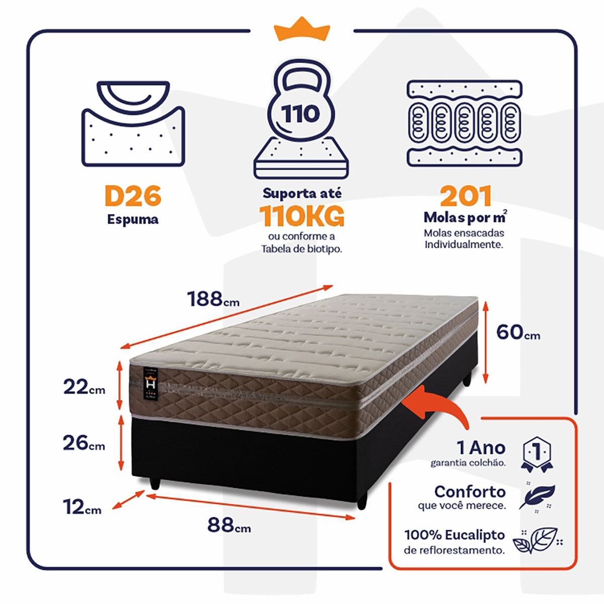 Cama Box Molas Ensacadas Georgia Solteiro 88x188 King House