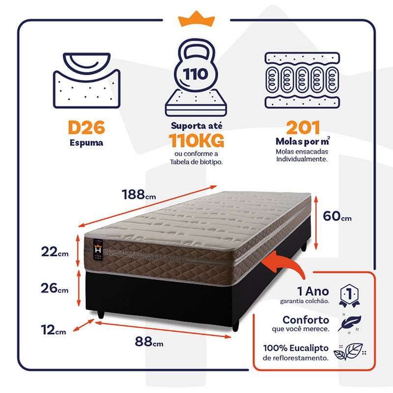 Cama Box Molas Ensacadas Georgia Solteiro 88x188 King House