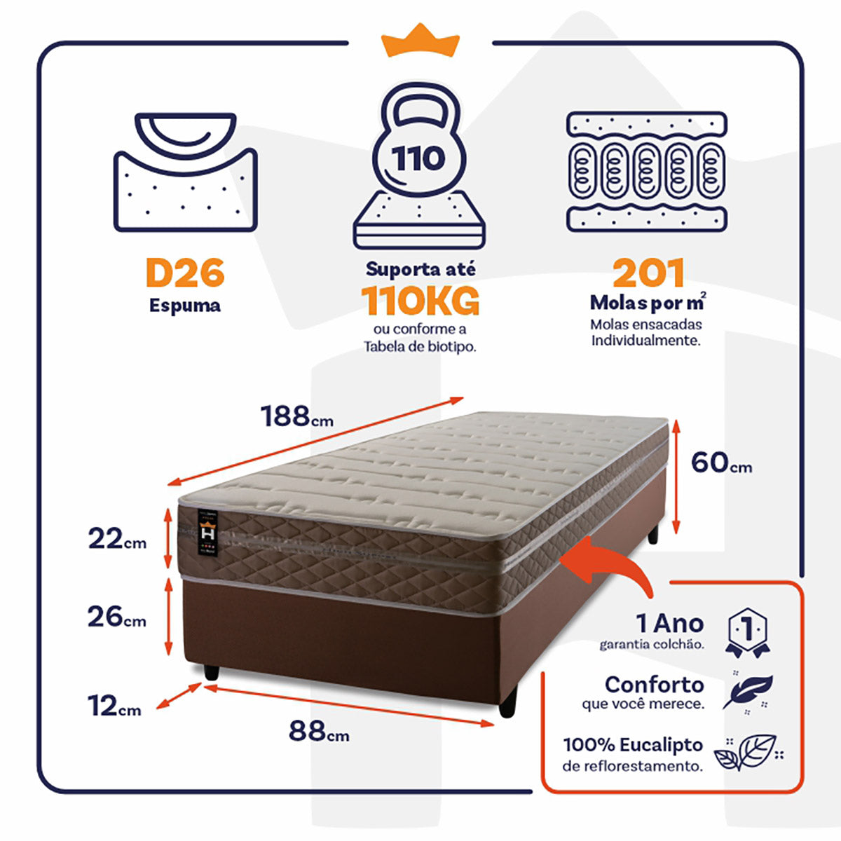 Cama Box Molas Ensacadas Georgia Solteiro 88x188 King House