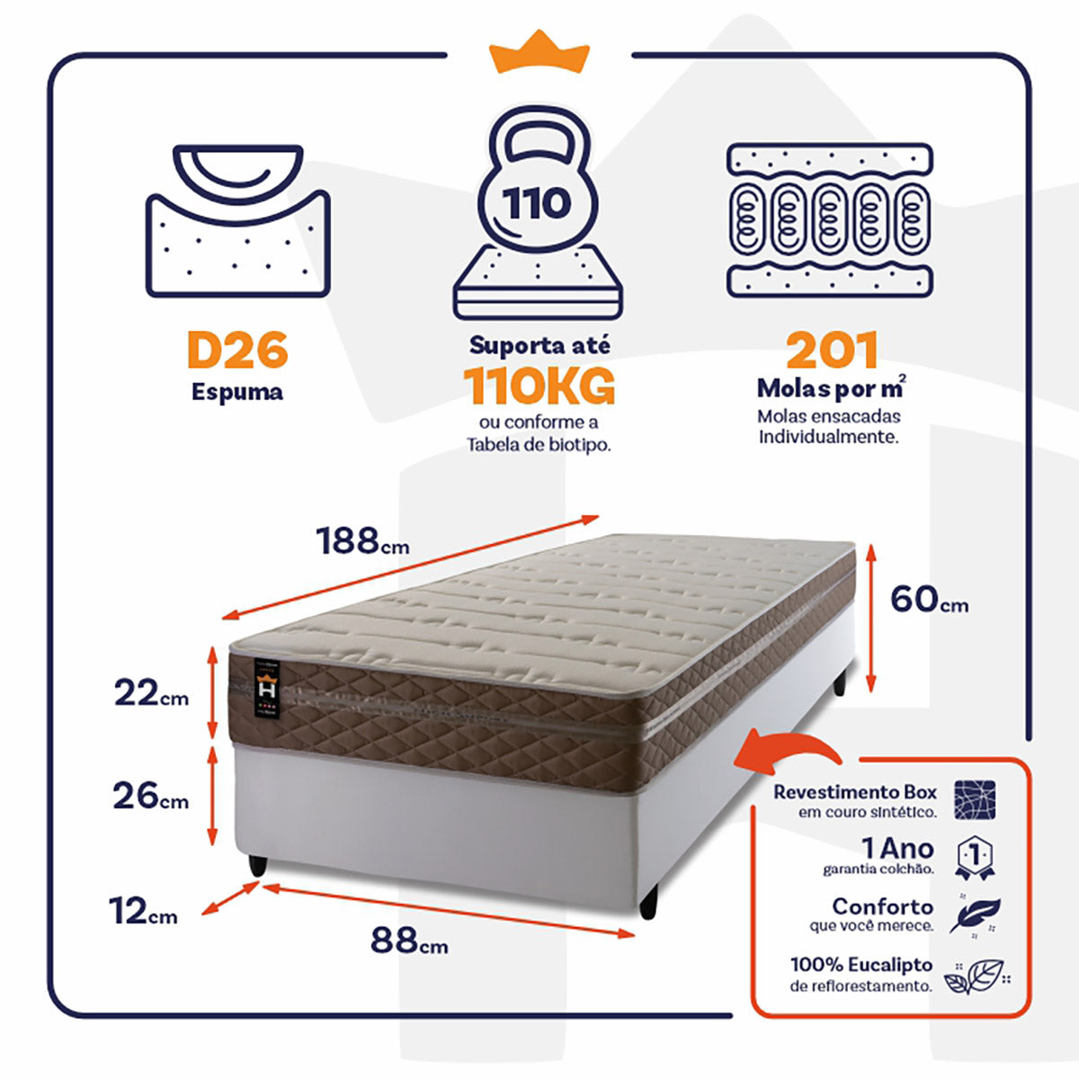 Cama Box Molas Ensacadas Georgia Solteiro 88x188 King House