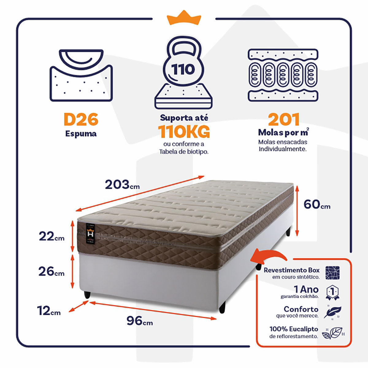 Cama Box Molas Ensacadas Georgia Solteirão 96x203 King House