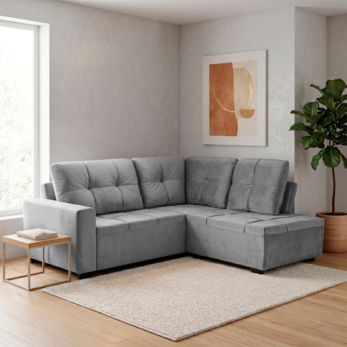 Sofá de Canto com Chaise Ibarra Suede Velut Cinza